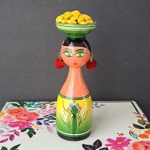 Vintage Handpainted Wooden Egyptian Peg Doll Figurine Folk Art Woman green eyes
